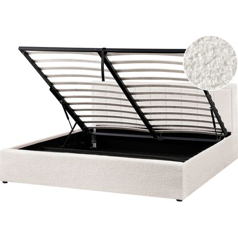 Cama con almacenaje elevable tapizada de bouclé blanco 180 x 200 cm Montlaur (1/5)