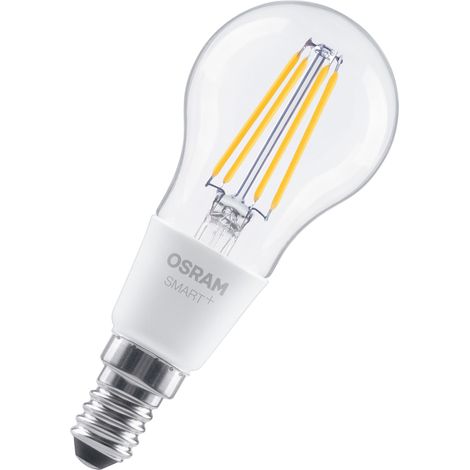 OSRAM Lampe LED SMART+, P40, 4 W, 2 700 K, E14, forme bougie, filament, transparente, intensité variable, contrôlable par application ou par la voix, compatible Matter (1/4)