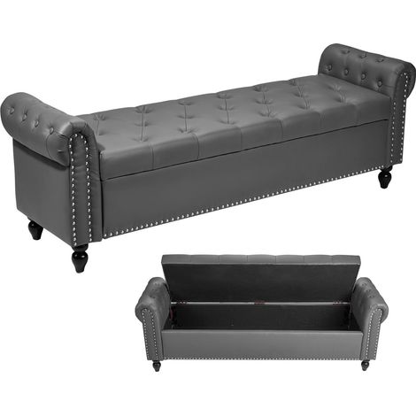 Banc Coffre en Cuir PU 166 cm, Bout de Lit avec Rangement, Accoudoirs et Pieds en Bois, Banquette Capitonnée, Meuble pour Chambre à Coucher, Entrée, Salon, Salle à Manger, Couloir, Gris (1/5)