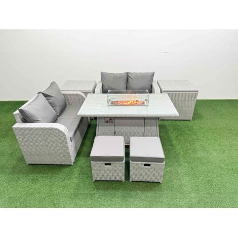 Fimous 6 Seater Outdoor Love Sofa Set Rattan Garden Furniture Set with Firepit Dining Table 2 Small Stools 2 Side Tables Light Grey (1/4)