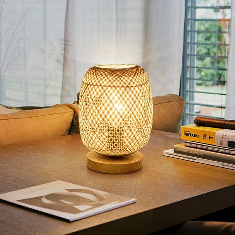 Bambou Tissage Lanterne Lampe de Table Lampe de Chevet Style Japonais Veilleuse Décorative Table Lumineuse Éclairage de Table Abat-Jour en Bambou pour Chambre, Salon, Gradateur