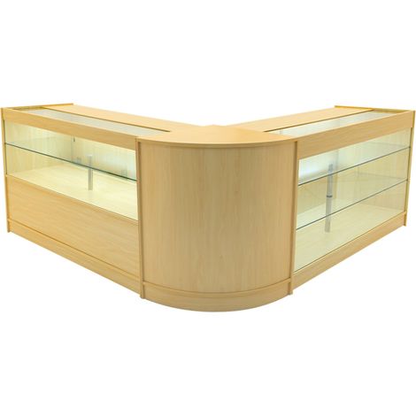 Set Mostradores Comerciales "HERA"  Arce  K1500+C1500+CM60  MDF y vidrio templado  Estantes y puertas corredizas con cerradura  Fácil Montaje  Mostrador Recepción Expositor Comercial Mesa (1/5)