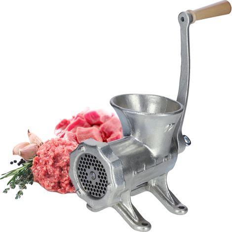 Picadora de carne, funcionamiento manual, procesamiento versátil de alimentos, color plata. (1/5)