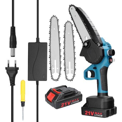 21V 4 pouces + 6 pouces + 8 pouces Scie à élaguer électrique portable Petite scie à chaîne à fendre le bois Brosse Moteur Outil de travail du bois pour verger, prise UE, Multicolore (1/5)