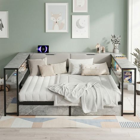 Sofá cama gris de MDF y metal de 90x200 cm con almacenamiento integrado, puerto USB/Tipo-C y base de láminas incluida.