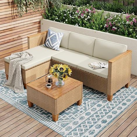 PHI VILLA 3 Teilig Gartenmöbel Set Balkonmöbel, Rattan Lounge Möbel Outdoor mit 1 Chaiselongue, 1 Zweisitzer-Sofa und 1 Kleiner Couchtisch, 4 Personen Terassenmöbel Außen Gartensofa (1/5)