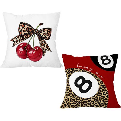 Lot de 2 housses de coussin 45 x 45 cm, en coton super doux, style Stockholm, avec cerise, motif léopard et huit ballons, coussin décoratif pour canapé, chambre à coucher, salon (1/5)