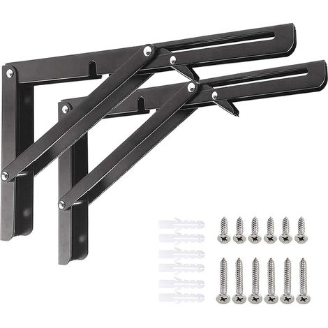 Équerre Pliante 250mm, 2 pièces Support Console Pliable Noir, Supports d'étagère pliants Lourds Support Console Pliable Rétractable Pour Garage, Cuisine, Chambre (1/5)