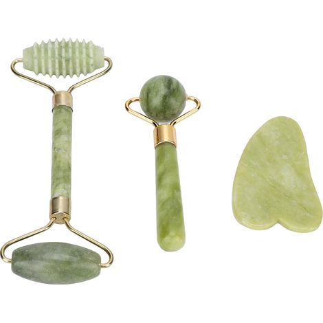 Lot 3 Rouleaux de Massage en Jadéite Pierre Naturelle Visage, Planche Gua Sha Anti-Rides, Outil de Beauté Fermeté et Liftant, Kit de Soin Portable pour Peau (1/5)