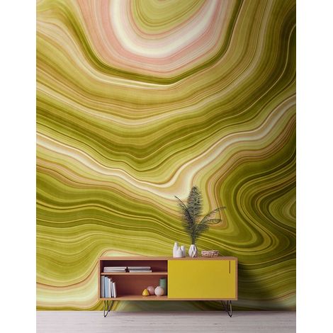 Papier peint panoramique original vert et rose | Tapisserie panoramique graphique pour salon | Papier peint panoramique coloré - 270 x 400 cm (4 pièces) (1/5)
