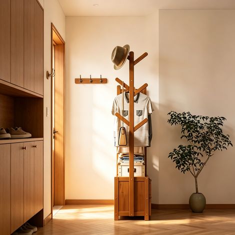 Brown Bamboo Freestanding Clothes Rack with Drawer, Multifunctional Storage Stand for Bedroom Hallway Living Room (1/5)