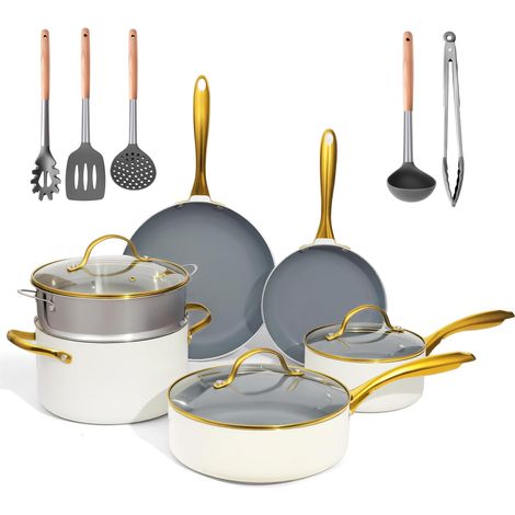 Healthy Ceramic Cooking Set, Saucepans and Pans with Lids, Non-Stick Kitchen Induction Oven, Dishwasher, Beige/Golden White (Cream, Grey, Gold) (1/5)