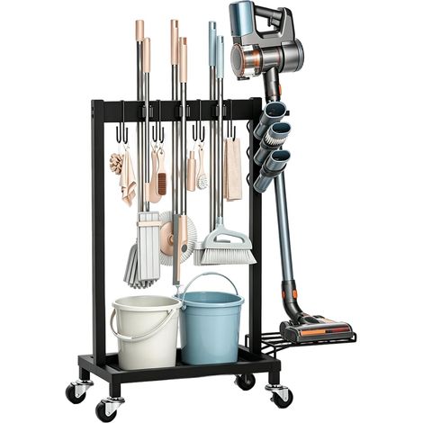 Organisateur d'outils de jardin à 3 niveaux et 6 porte-serpillères, étagère à outils de jardin avec 3 crochets mobiles et roulettes verrouillables, porte-outils pour garage, abri de jardin et terrasse