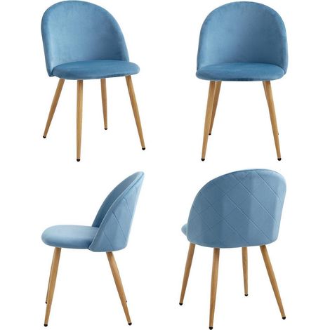 4er Set Esszimmerstühle Samt Blau mit Holzoptik Metallbeinen (1/5)
