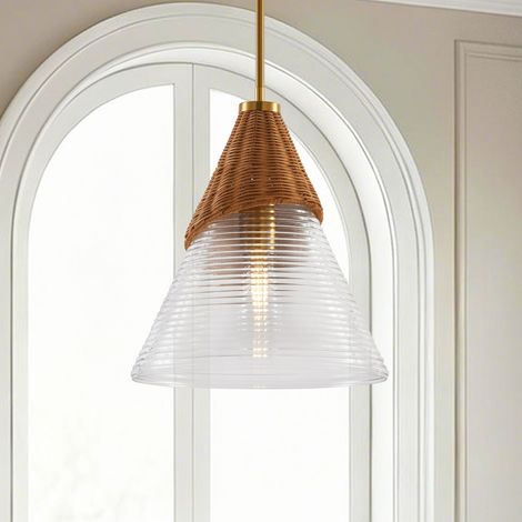 Parrot Uncle Rattan Pendant Light, Gold Ribbed Glass Hanging Lamp with E27 Bulb Holder, Modern Boho Ceiling Light for Dining Room Kitchen Island Bedroom