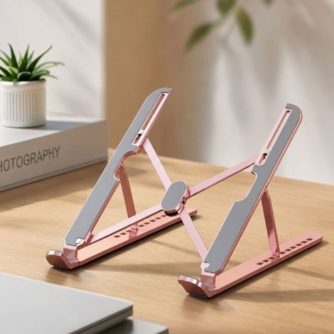 BelleRise – Laptopständer aus Aluminium – 10-fach verstellbar, hitzebeständig, ergonomisch, komplett aus Silikon, faltbar – Rosa (1/5)