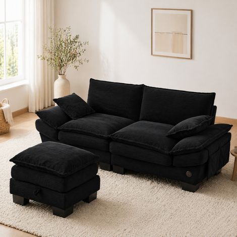 Canape 2 places avec pouf coffre USB-C noir OKMYHOME (1/5)