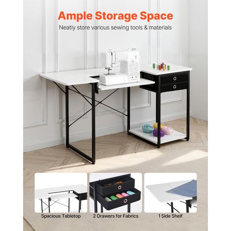 Table de couture, pieds en acier, table pour machine à coudre polyvalente avec tiroirs, tablette latérale pliable, étagère réglable… (1/5)