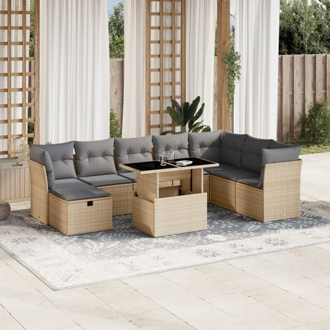 Set de sofás de jardín 9 pzas con cojines ratán sintético beige vidaXL (1/5)
