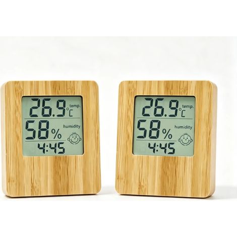 2-teiliges Set aus digitalem Thermometer und Hygrometer mit Bambusoberfläche, Temperatur- und Feuchtigkeitsmesser für Innenräume mit komfortabler Smiley-Anzeige. (1/5)