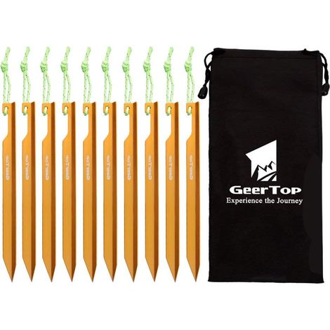 10pcs Piquets de Tentes en Aluminium Durable Pegs Ultra Résistant 15cm avec Cordon Réfléchissant pour Bâche de Camping Bâche de Plage (Or) (1/5)