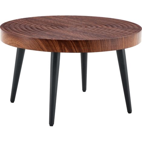 CHICFURN Table basse ronde 60 cm pour petit salon, bois foncé et métal noir, table de canapé compacte avec plateau relief, style industriel et scandinave (1/5)