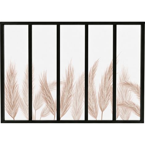 Verrière atelier intérieure aluminium noir 5 vitrages 168 x 117 cm - Décor végétal - Pampa - ocre et transparent - Verre trempé (1/5)