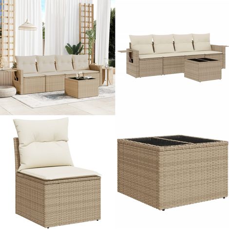 5-tlg. Garten-Sofagarnitur mit Kissen Beige Poly Rattan - Gartensorte - Gartenmöbel Set - Esszimmergarnitur - Outdoor Möbel - Lounge Garnitur - Home & Living (1/5)