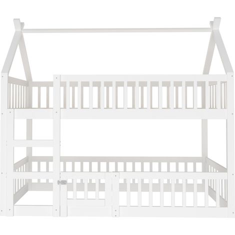 Cama litera infantil 90 x 200 cm con escalera, blanca, estructura de madera (1/5)