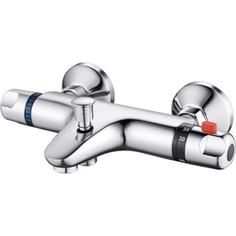 Thermostatische Duscharmatur aus Kupfer mit 38°C-Sicherheitsknopf, Badewannenarmatur mit 2 Wasserauslässen, Silber (1/4)