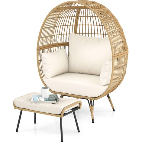 Poltrona a uovo con pouf, sedia da giardino in vimini 2 pezzi con morbidi cuscini, struttura in metallo e poggiapiedi, per soggiorno, giardino, oro (1/5)
