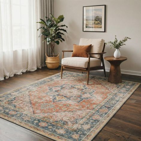 Tapis Salon Vintage 120x170cm Lavable en Machine Rug AntidéRapant Poil Ras, pour Chambre Salle a Manger Descente de Lit Bureau, Cuisine, Rouge Chaud Rétro (1/5)