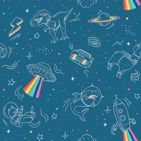 Muriva Animal's In Space Dark Blue Kids Bedroom Wallpaper Fun Design (1/2)
