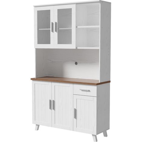Credenza alta bianca effetto legno 114 x 40 x 190 cm con vetrina e cassetto (1/5)
