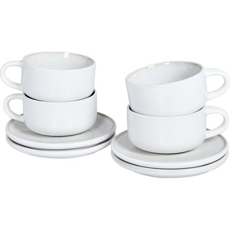Conjunto de 4 tazas con platillos para té café de gres caolín artesanal acabado esmalte reactivo blanco Sesame (1/5)