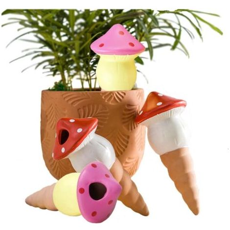 Lot de 4 pics d'arrosage automatique pour plantes en pot en forme de champignon - Dispositif d'irrigation goutte à goutte pour plantes en pot (2 blancs + 2 jaunes) (1/4)