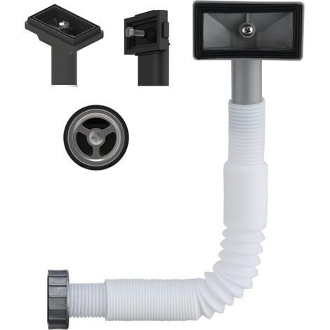 1 - Kit Siphon Trop-Plein Universel - Raccord Vertical Horizontal Rectangulaire Rond - Pour Évier Lavabo Cuisine Salle De Bain - Noir - 150x280mm (1/5)