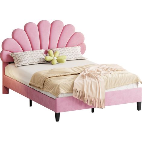 Lit capitonné double 140x200, cadre tête fleur et sommier, lit ado adulte en velours doux, lit invité rose (1/5)