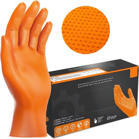 Guantes de Nitrilo DIAMANTADOS GRIP Super resistentes Reutilizables NARANJAS 8 micras / 9´9 gramos, pack de 50 Talla S (1/5)