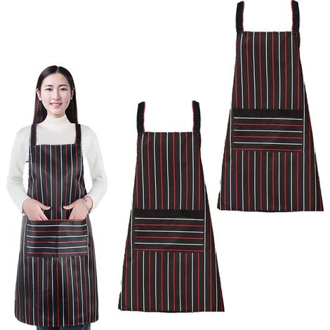 Lot de 2 tabliers de cuisine, tablier de chef souple à bavette ajustable avec poches pour hommes et femmes, rouge et blanc (1/5)