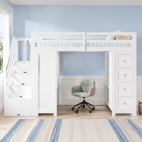 Kinder-Hochbett 90x200 cm mit Schreibtisch, Stauraum und Treppe OKMYHOME (1/5)