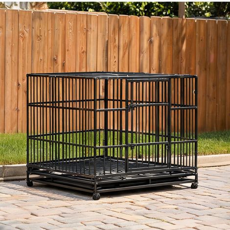 Cage pliante noire en acier pour chien avec roues et plateaux (1/5)