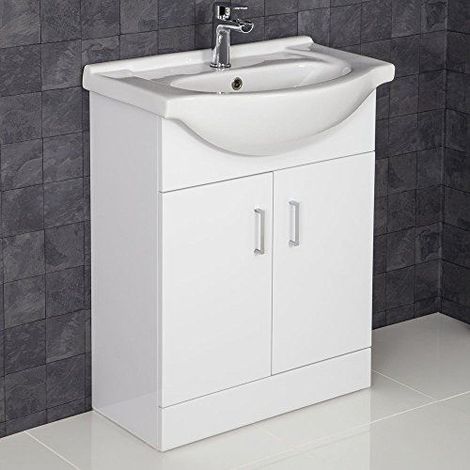 Gloss White Bathroom Vanity Unit and Basin Sink 650mm with Essentials Tap & Waste