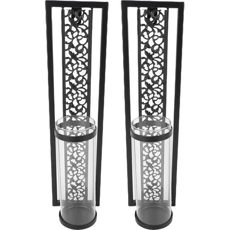 Lot de 2 bougeoirs muraux vintage en métal ajouré avec couvercle en verre, style décoratif noir. (1/5)