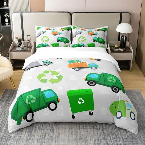 Camion Poubelle 100% Coton Housse de Couette 140x200cm Voiture Literie Enfants Adolescents Construction Voiture Parure de lit Coton Housse de Couette Mignon Camion Vert Blanc Literie - 140 x 200 cm + (1/5)