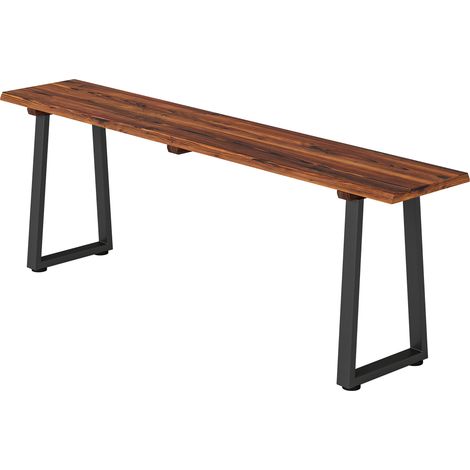 Gartenbank aus Holz ohne Rückenlehne, 2-Sitzer, trapezförmige Stahlbeine, Holzoptik, 150 x 28 x 48 cm, karbonisiert