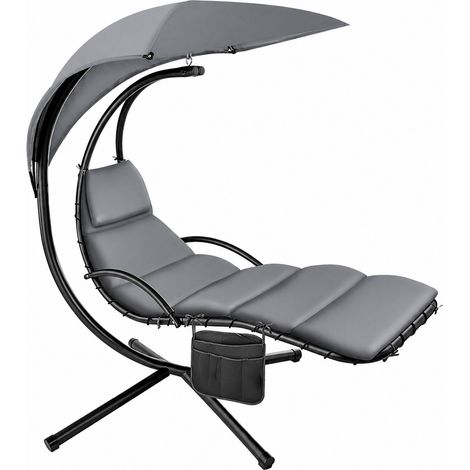 Sdraio Sospesa Con Ombrellone Parasole Integrato E Cuscino Imbottito Ergonomica Amaca Da Giardino In Acciaio E Poliestere Per Esterno Terrazzo E Bordo Piscina 195 x 132 x 197 Cm Grigio