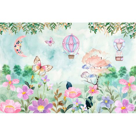 Papier peint panoramique Enfants - Montgolfières Papillons - 195 cm x 130 cm (1/2)