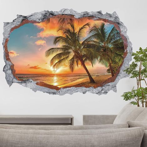 Sticker mural 3D coucher de soleil plage palmier décoration salon (1/5)