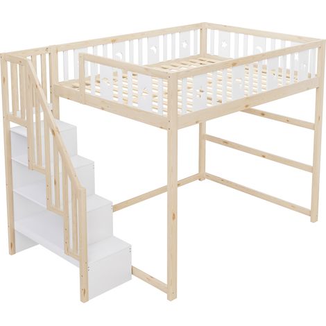 CAIziLit mezzanine 140x200 bois avec escalier, barrière étoiles lune (1/5)